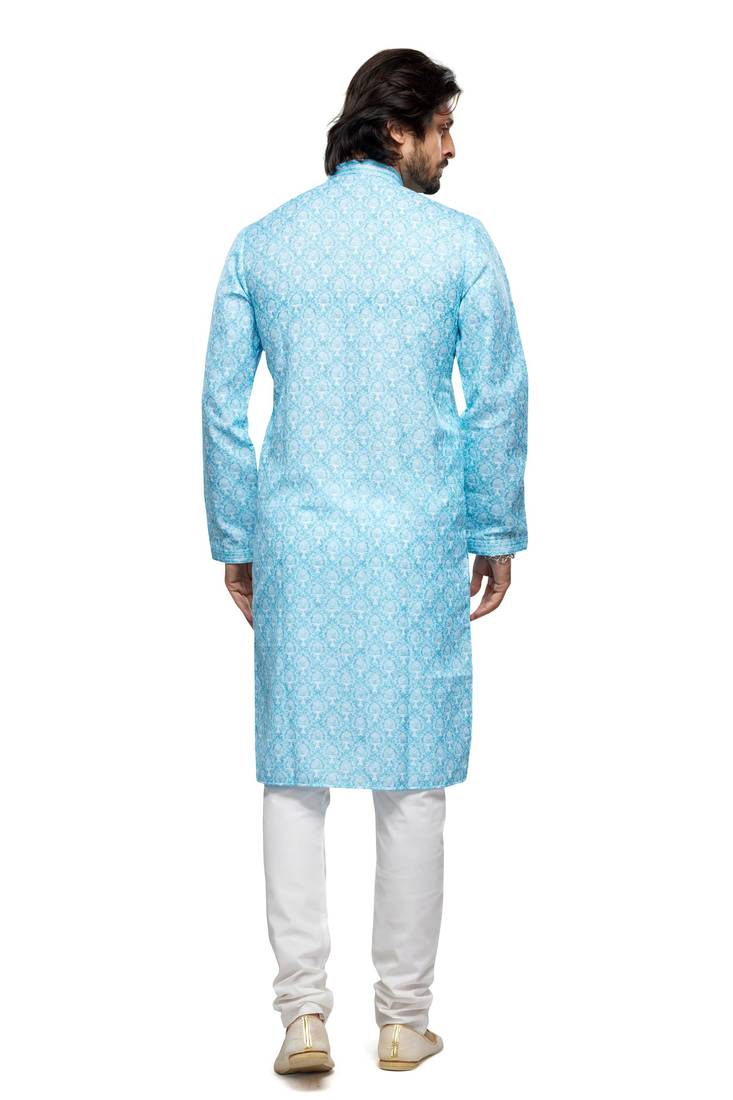 Blue cotton straight kurta for men