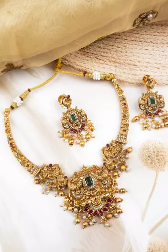 Classic south indian temple golden necklace set