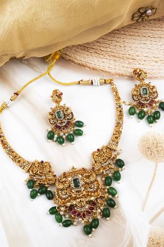 Classic south indian temple green necklace set