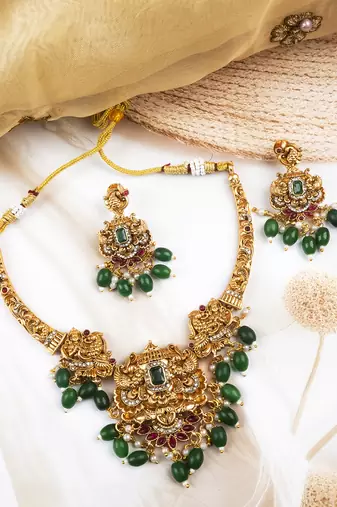 Classic south indian temple green necklace set