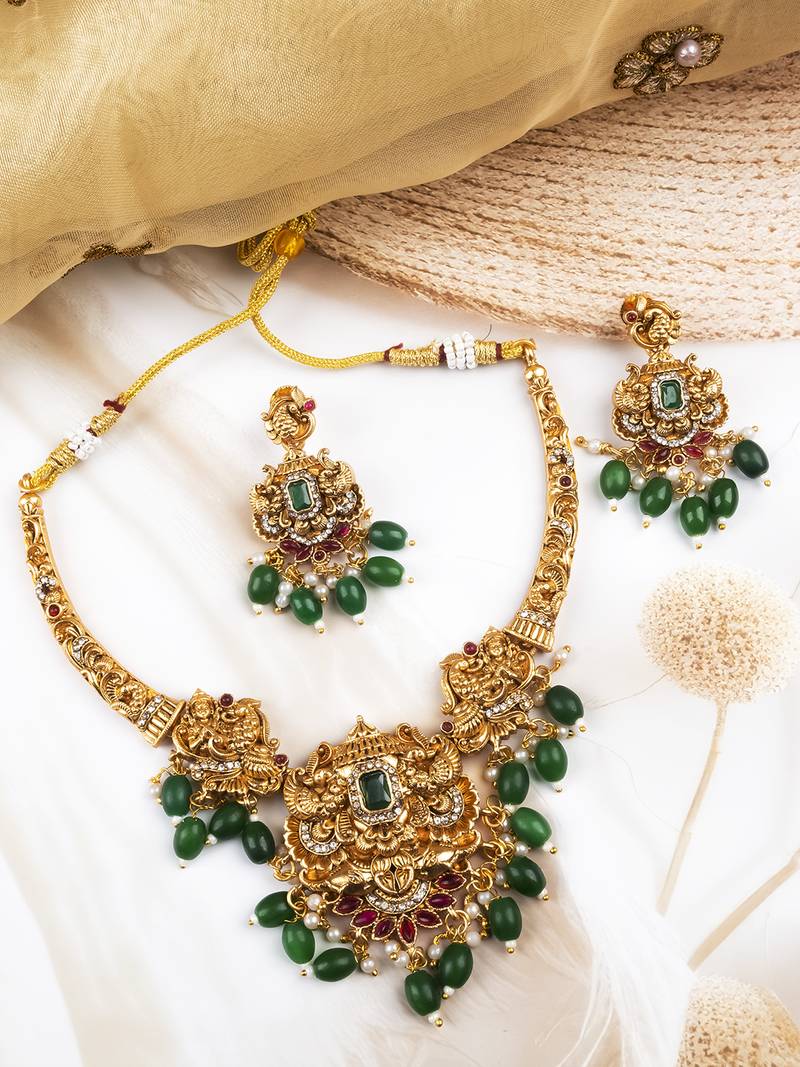 Classic south indian temple green necklace set
