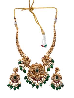 Classic south indian temple green necklace set 2