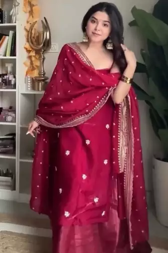 Deep crimson silk blend anarkali set