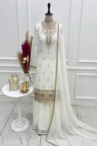 White sharara set with multi-color accents