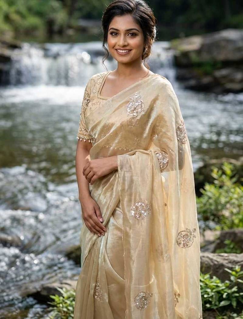 Cream Color Embroidery Beats Work Space Silk Saree