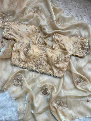 Cream Color Embroidery Beats Work Space art silk saree 3