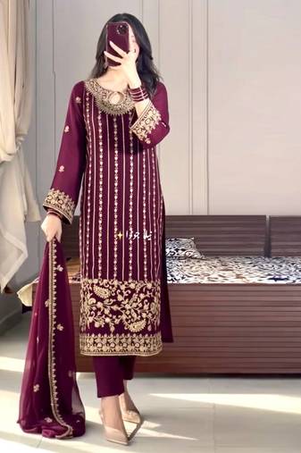 Purple embroidered straight suit