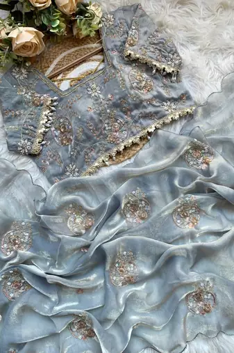 Mirror Work Lace Satin art silk saree