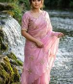 Light Pink Color Embroidery Beats Work Space Silk Saree