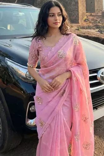 Mirror Work Lace Satin art silk saree