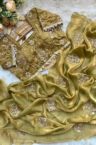 Mirror Work Lace Satin art silk saree