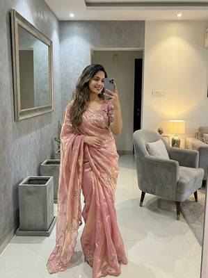 Pink Color Embroidery Beats Work Space art silk saree 1