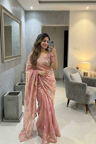 Pink Color Embroidery Beats Work Space Silk Saree