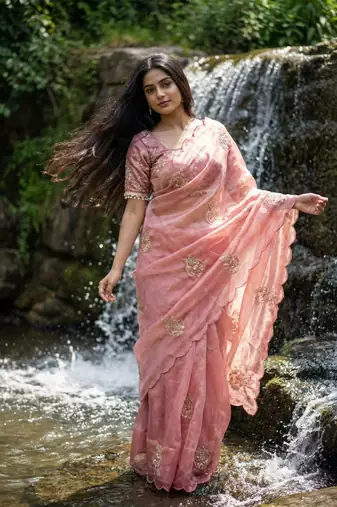 Pink Color Embroidery Beats Work Space art silk saree