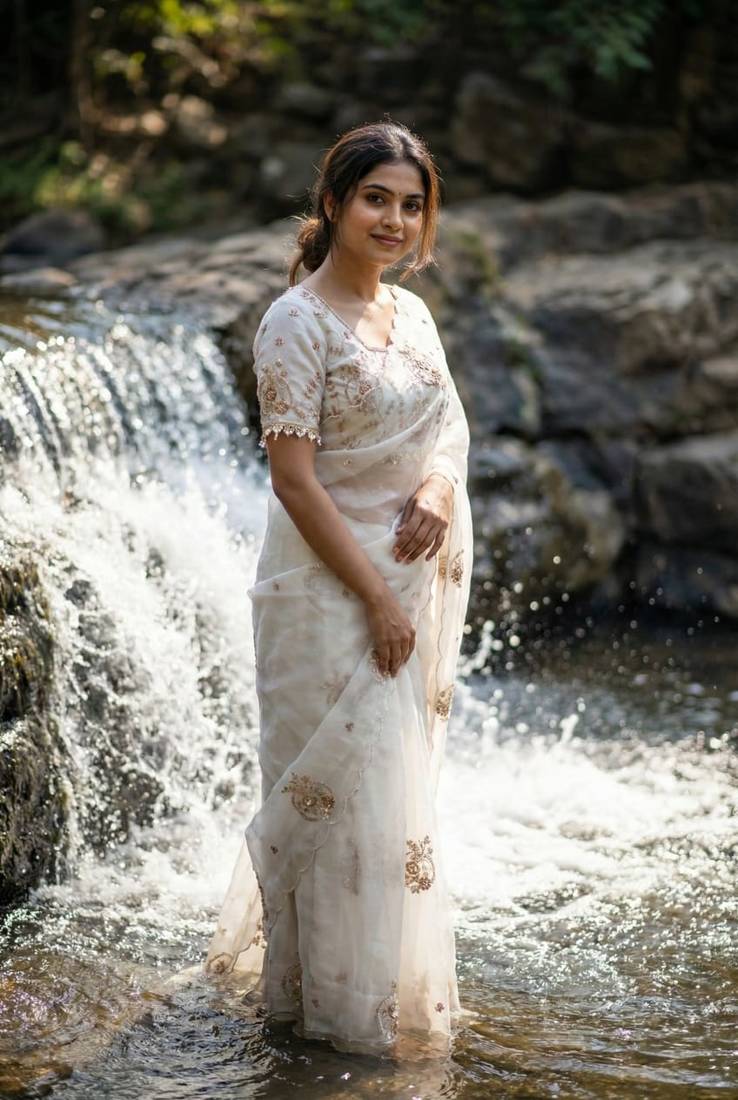 White Color Embroidery Beats Work Space Silk Saree