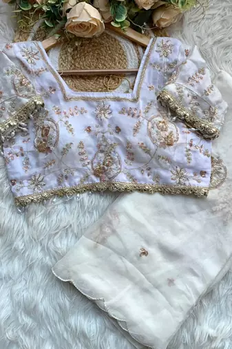 White Color Embroidery Beats Work Space art silk saree