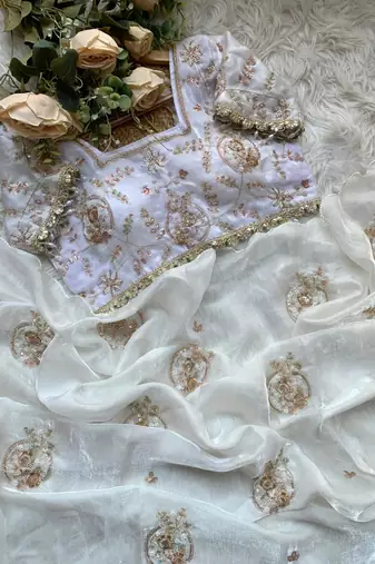 White Color Embroidery Beats Work Space art silk saree