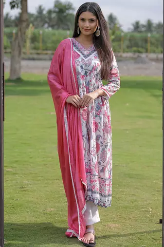 Cream ethnic printed anarkali