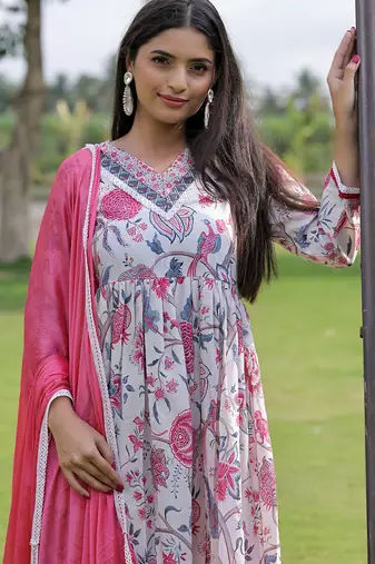 Cream ethnic printed anarkali
