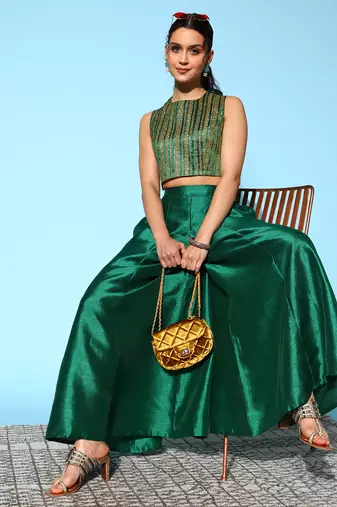 Dark green printed crepe co ord set