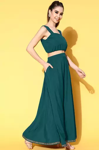 Green printed crepe co ord set