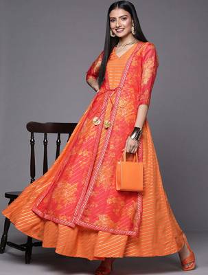 Orange printed crepe dresses 1