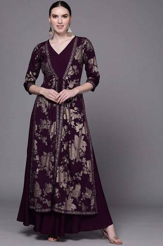 Wine printed crepe ethnic dresses