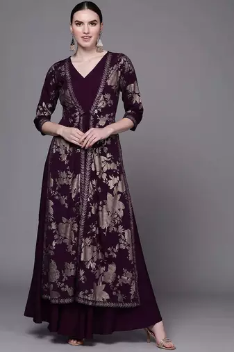 Wine printed crepe ethnic dresses