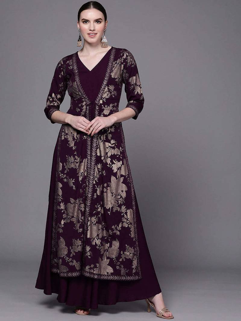 Wine printed crepe ethnic dresses