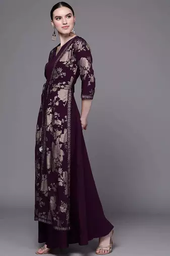 Wine printed crepe ethnic dresses