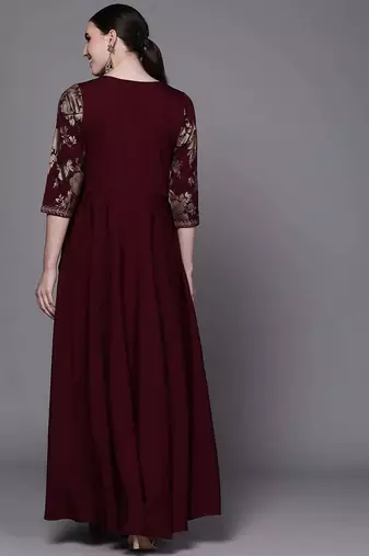 Wine printed crepe ethnic dresses