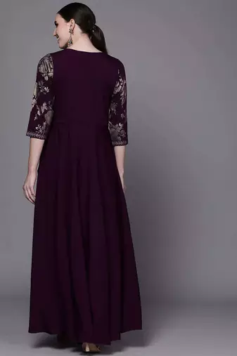 Wine printed crepe ethnic dresses