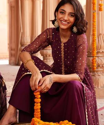 Wine printed net ethnic dresses 2
