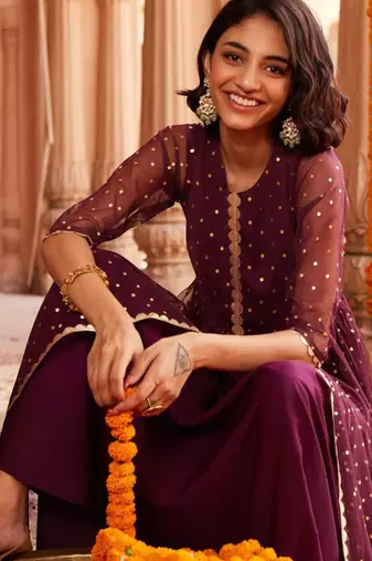 Wine printed net ethnic dresses