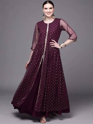 Wine printed net ethnic dresses 1