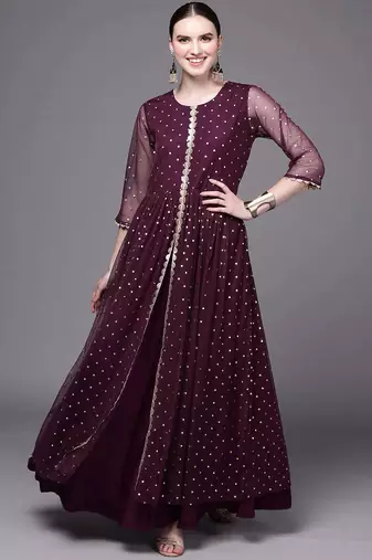 Wine printed net ethnic dresses