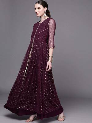 Wine printed net ethnic dresses 4