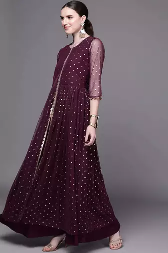 Wine printed net ethnic dresses