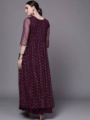 Wine printed net ethnic dresses 5