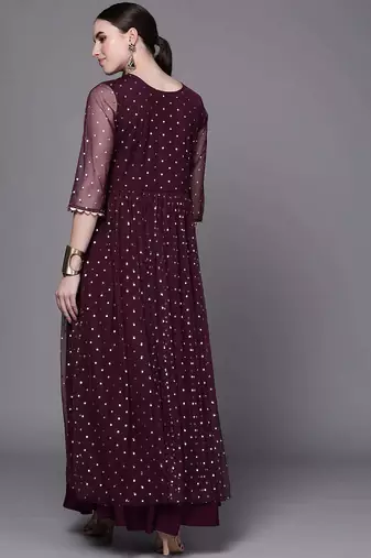 Wine printed net ethnic dresses