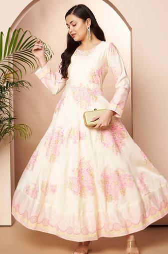 Off white printed poly silk ethnic dresses