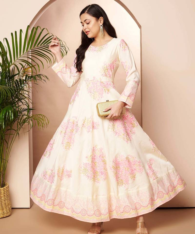 Off white printed poly silk ethnic dresses