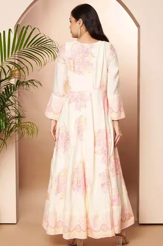 Off white printed poly silk ethnic dresses