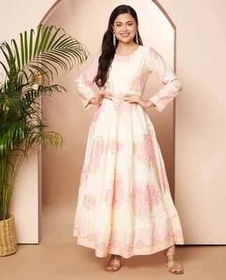 Off white printed poly silk ethnic dresses 3