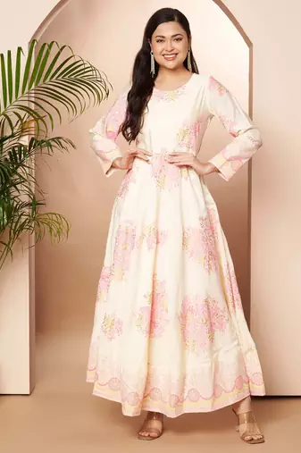 Off white printed poly silk ethnic dresses