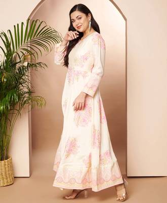 Off white printed poly silk ethnic dresses 4