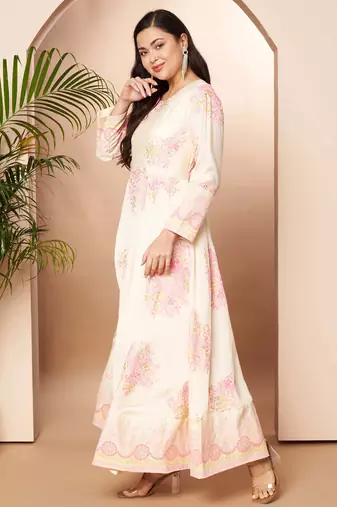 Off white printed poly silk ethnic dresses