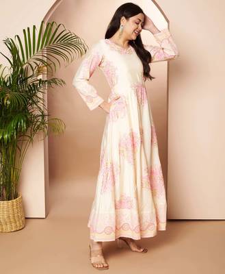 Off white printed poly silk ethnic dresses 5
