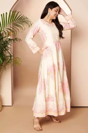 Off white printed poly silk ethnic dresses