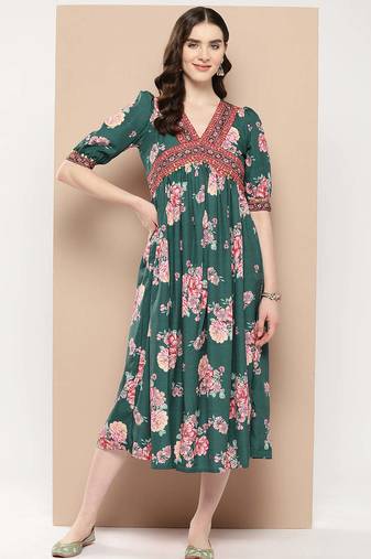 Green printed crepe ethnic dresses